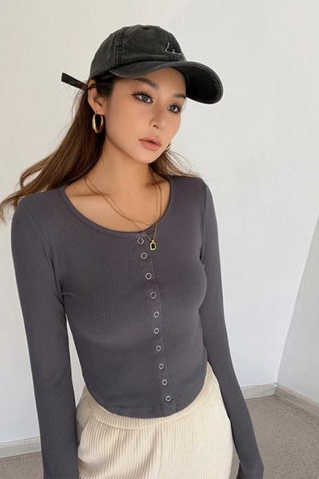 Buttoned Curved Hem Long-sleeved Bottoming Shirt, Slim And Versatile Short Top