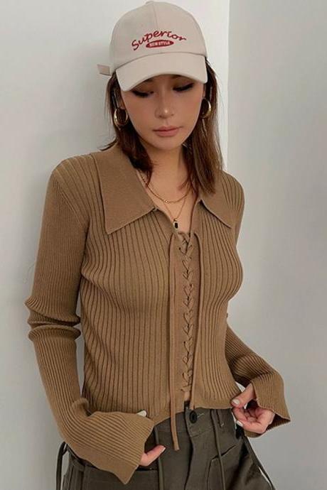 Women&amp;#039;s Slim-fitting Short-fitting Knitted Strappy Lapel Long-sleeved Top