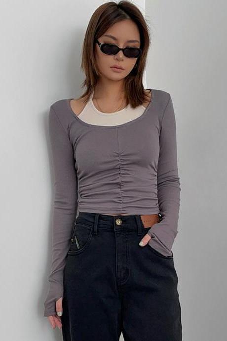 Sexy Navel-baring Long-sleeved T-shirt Pleated Tight Short Fake Two-piece Halterneck