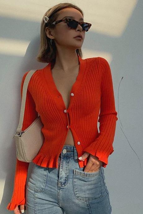 Sexy Slim V-neck Long-sleeved Knitted Cardigan Sweater High-waisted Elastic Tight Top