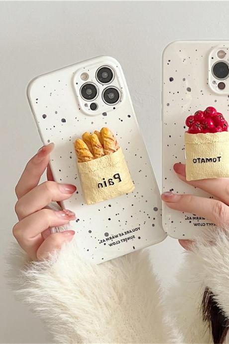 Ins Korean Splash Ink 3d Bread Tomatoes Bracket Soft Phone Case For Iphone 14 12 11 13 Pro Xr X Xs Max Protective Back Cover