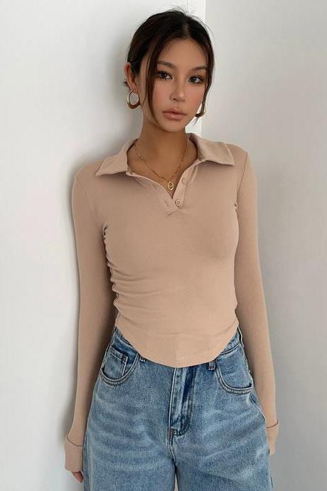 Pure Lust-style Lapel Tight Long-sleeved T-shirt With Slim Waist And Curved Hem Versatile Top As Base