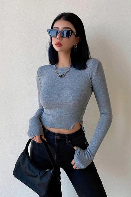 Front And Back Slit Long-sleeved Bottoming T-shirt Sexy Midriff-baring Slim Fit Top