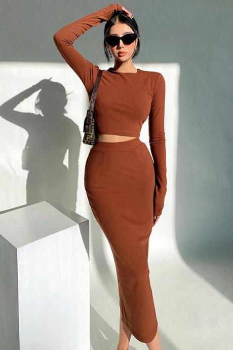 Sexy Tight Long-sleeved Dress Hip-covering Long Skirt Two-piece Set