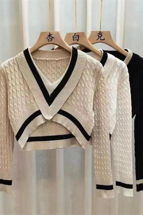 Korean Fashion Knitted Sweater Crop Top Y2k Clothes Autumn Winter Striped Sweaters Female Knitwear