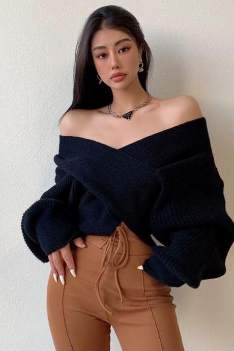 Sexy Loose Cross-over Sweater With Navel-baring One-shoulder Sweater Top