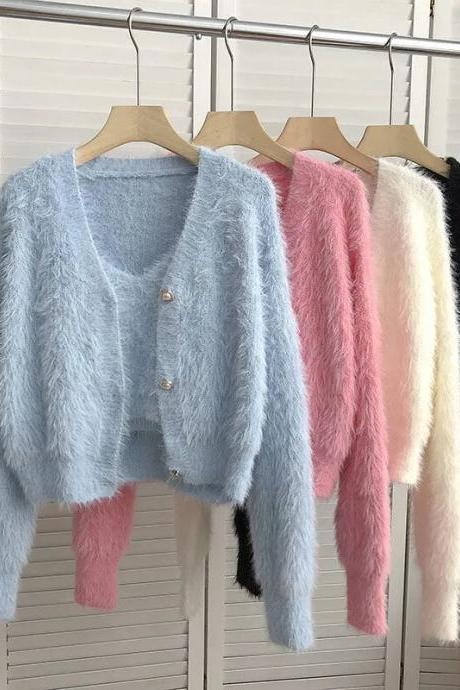 Camisole Tops Korean Fashion Fleece Short Pink Cardigan Knitted Coat Pull Sueter White Sweaters For Women 2 Sets