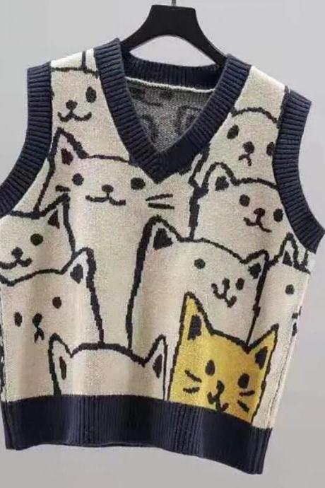 Women Autumn V-neck Sweater Vest Korean Knit Sleeveless Pullovers Cat Printed Cute Sweater Vest For Women Winter