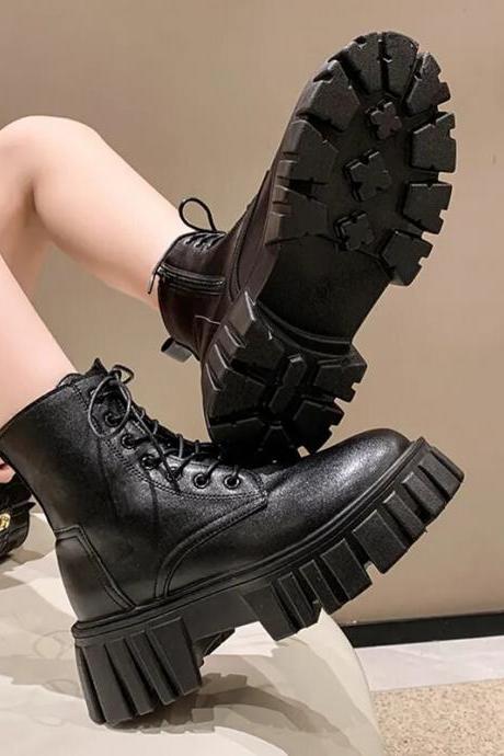 Black Platform Motorcycle Boots For Women Autumn Lace Up Thick Bottom Ankle Booties Woman Pu Leather Goth Short Boots