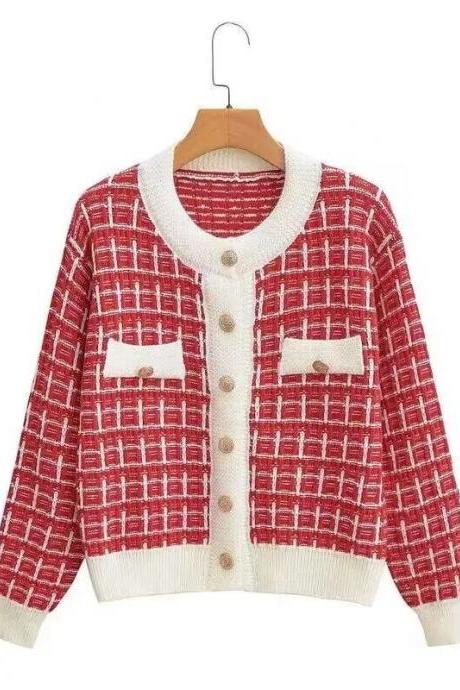 Early Autumn Sweater Women Knitted Cardigan Year Spring And Autumn Checker Red Small Fragrant Coat O Neck Sweater