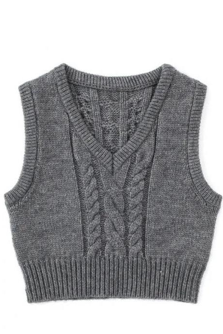 Grey V-neck Knitted Vest Vintage Stylish Pullover Twist White Black Youthful Pb&amp;amp;za Woman Female