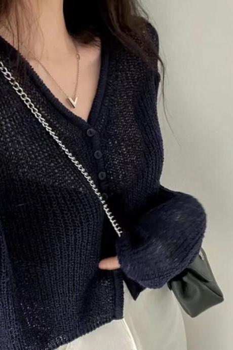 Korean Fashion Summer Knitted Cardigan Women Solid Color V-neck Long Sleeve See Through Thin Sun Protection Sweater Jackets