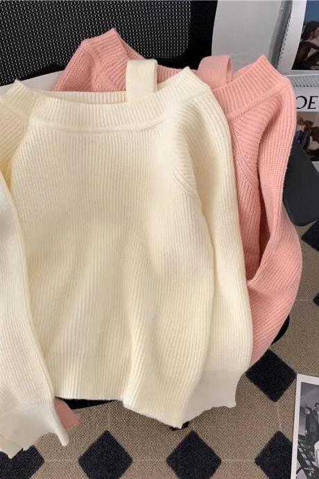 White Sweaters Women Off Shoulder Knitted Pink Pullovers Korean Simple Knitwear Autumn Winter Sweet Loose Casual Jumpers