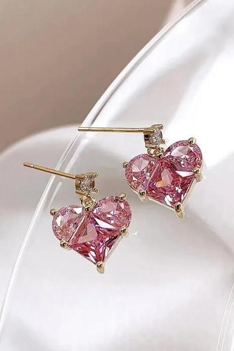 Silver Needle Pink Love Heart Crystal Earrings For Women Korean Fashion Exquisite Light Luxury Versatile Style Earring Gift