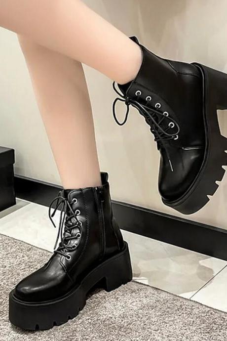Black Chunky Platform Ankle Boots For Women Spring Thick Bottom Lace Up Shoes Woman Retro White Leather Short Boots