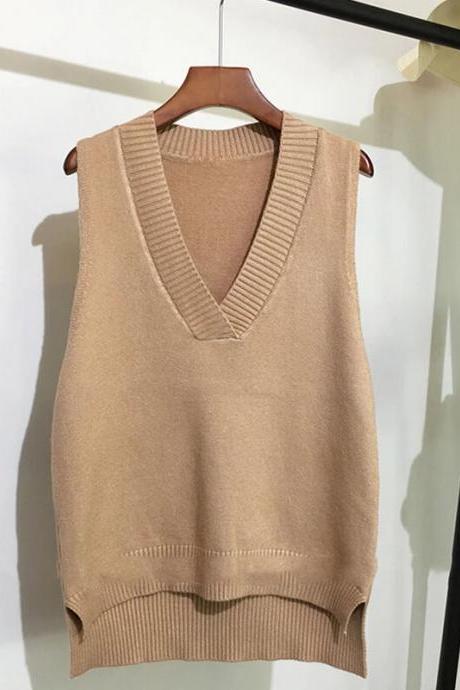 Vinatge V-neck Knitted Vest Sweater Autumn And Winter Loose Pullover Vest Solid Sleeveless Sweater Fashion Women&amp;#039;s Clothes