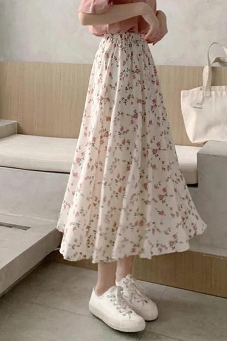 Summer Chiffon Floral Skirts For Women Korean Style A-line Pleated Long Skirts Vintage Elastic High Waist Female Maxi Skirt