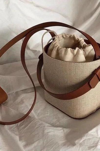 Canvas Bucket Bag For Women's Crossbody Bags Beach Handbag Small Korean Style Female Shoulder Messenger Bag