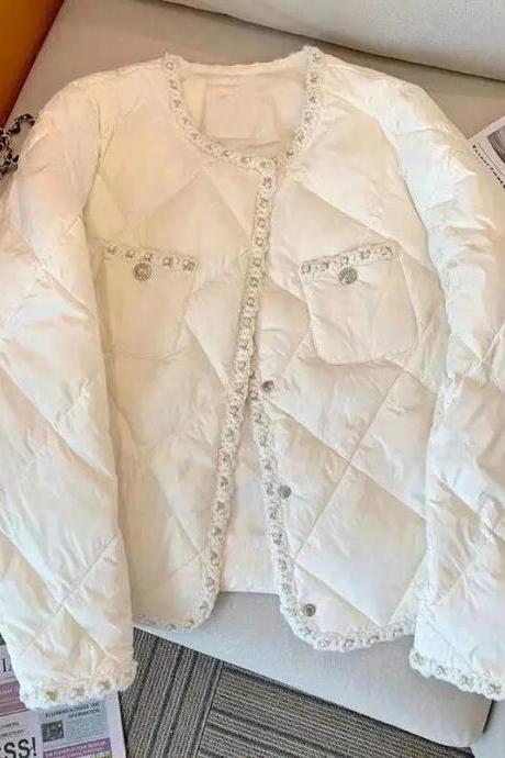 Korean Style Down Cotton Padded Jackets Women Autumn Winter Lightweight Warm Parkas Woman Fashion Pearl White Parka Coat Outwear