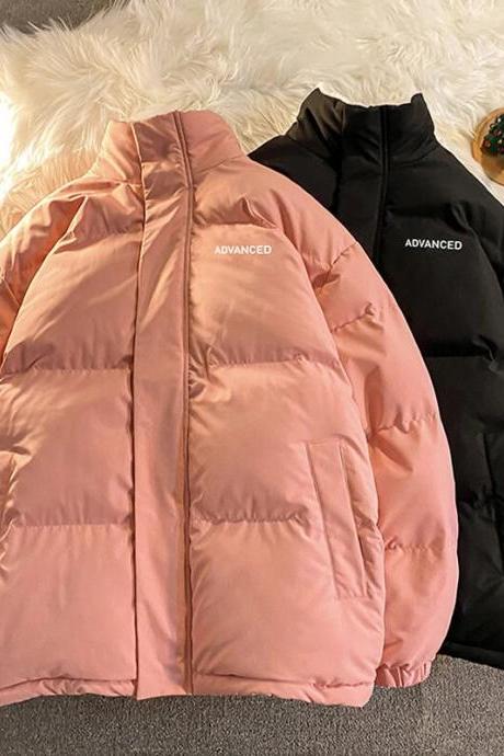 Women Thicken Pink Parka Stand Collar Fleece Cotton Padded Jackets Letter Korean Fashion Female Thicken Winter Coats