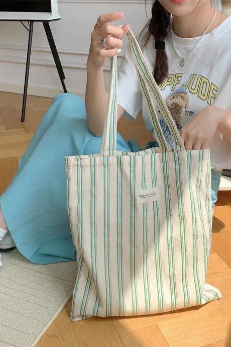 Casual Striped Shoulder Bag Canvas Bags Korean Fashion Large Capacity Eco Cloth Purse Books Handbags For College Girls