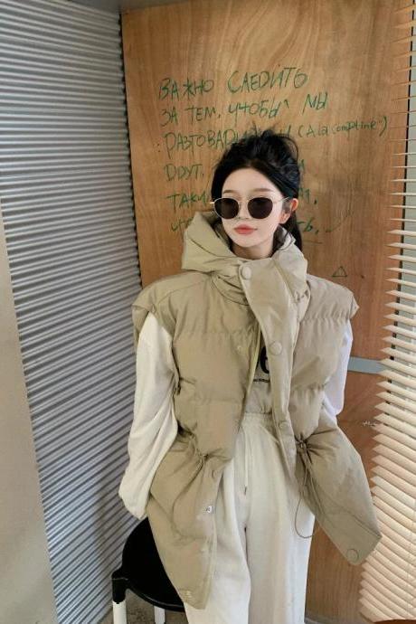 Korean Style Hooded Sleeveless Drawstring Waist Versatile Bread Padded Jacket Women&amp;#039;s Warm Vest