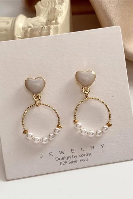 Glamour Fashion S925 Needle Earrings Temperament Small Ring Geometric Love Heart Pearl Sweet Girl Earrings