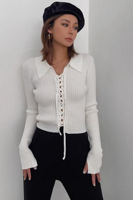 Women&amp;#039;s Rib-knit Lace Up Front Tops Sweater Cardigan