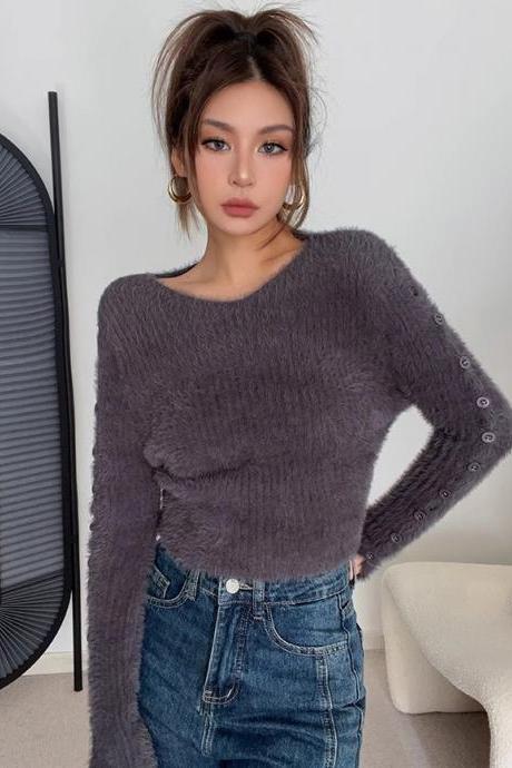 Women's Buttoned Side Crew Neck Sweater