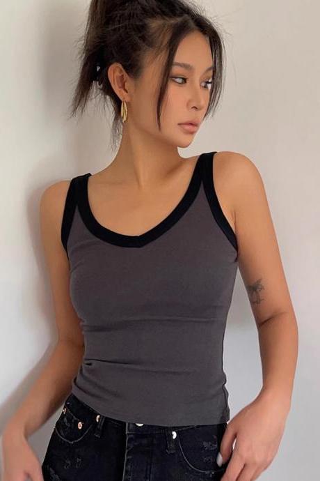 Women&amp;amp;#039;s Sleeveless Contrast Trim Tank Tops Fitted Cami Tee Shirt