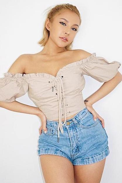 Off Shoulder Puff Sleeve Lace Up Tops Shirt