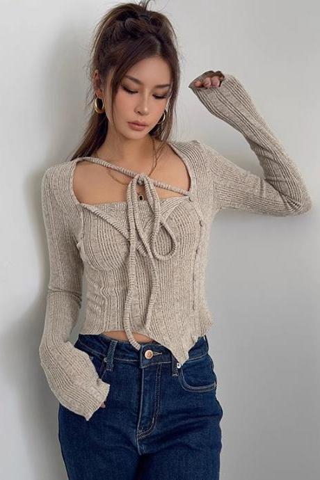 Women&amp;#039;s Asymmetrical Hem Rib-knit Sweater Tops Shirt