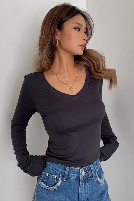 Women&amp;#039;s Long Sleeve Wrap V Neck Ribbed Tank Tops Fitted Basic Shirt