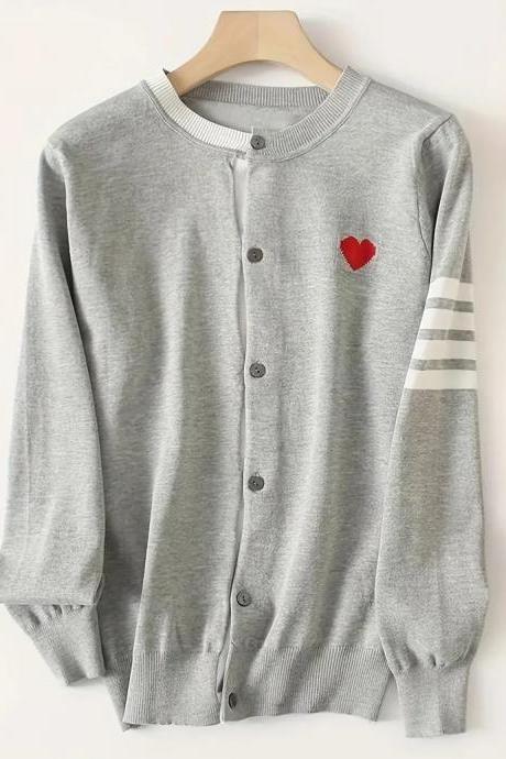 Heart Pattern Button Front Cardigan, Casual Long Sleeve Outwear For Spring & Fall, Women's Clothing