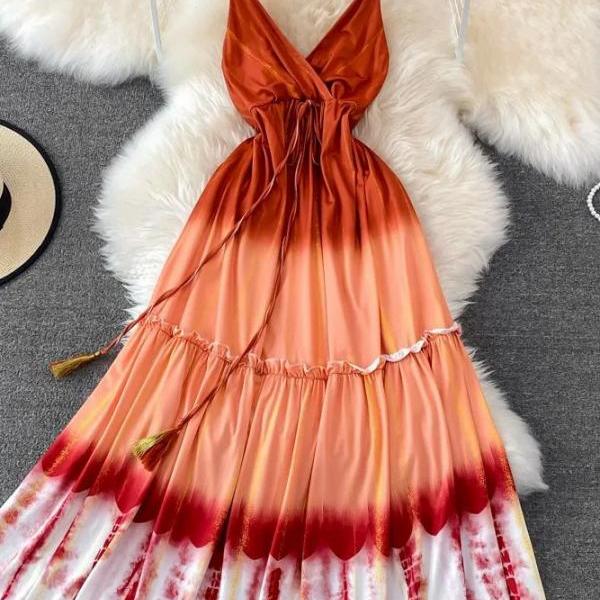 Multicolor Lace Up Tie-dye Print Long Shirt Dress