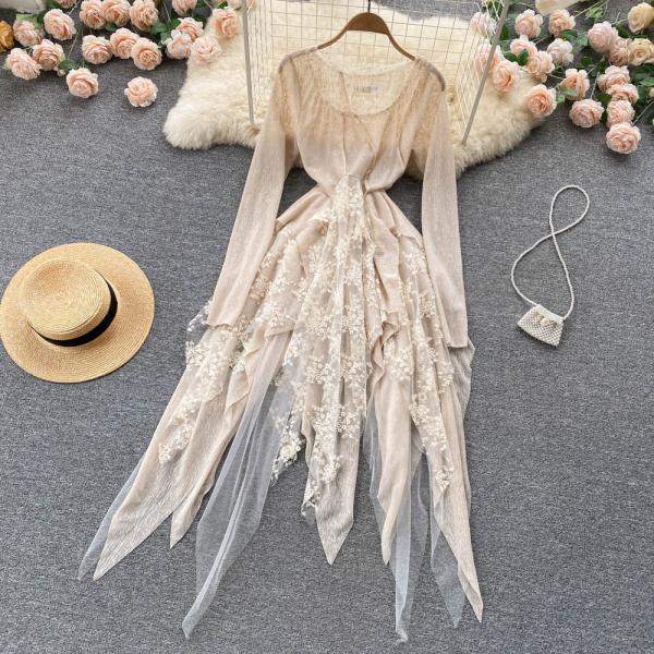 GETADME Elegant Solid Color Pocket Denim Dress Vintage Women's O Neck Lace Up Loose Dress New Summer Puff Sleeve High Waist A-line Dress