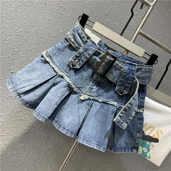 Fashion Patchwork Pleated Denim Skirt For Women'S High-Waist Casual Loose A-Line Skirts