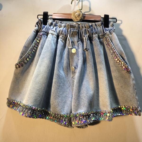 Fashion Diamond Sequin High Waist Denim Shorts Women'S Loose Casual Drawstring Wide Leg Jeans