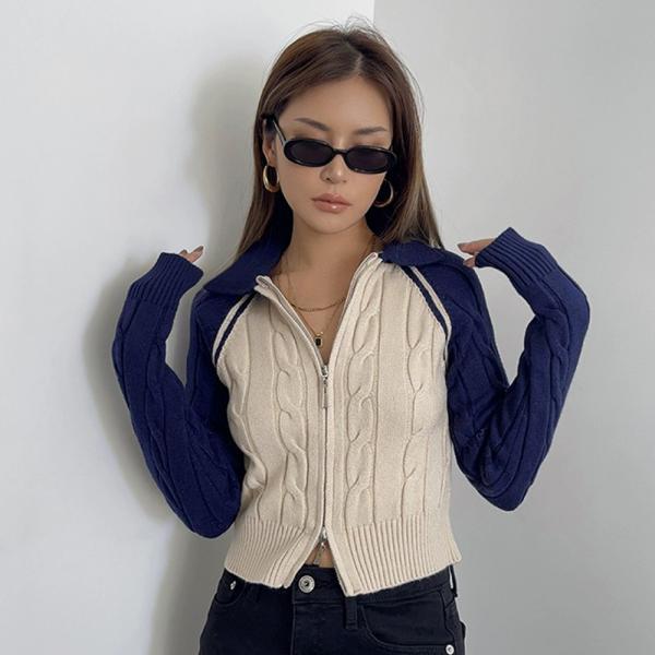 Zippered Twist Knitted Cardigan Slim-Fitting Long-Sleeved Sweater Top