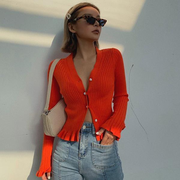 Sexy Slim V-Neck Long-Sleeved Knitted Cardigan Sweater High-Waisted Elastic Tight Top