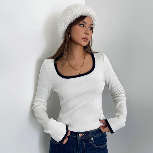 Spliced Mink Velvet U-Neck Sweater Long-Sleeved Pullover For Inner Wear And Outer Wear Slim Fit Sweater Bottoming Shirt