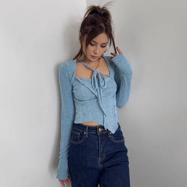 Chic Sky Blue Knit Tie-Front Crop Sweater