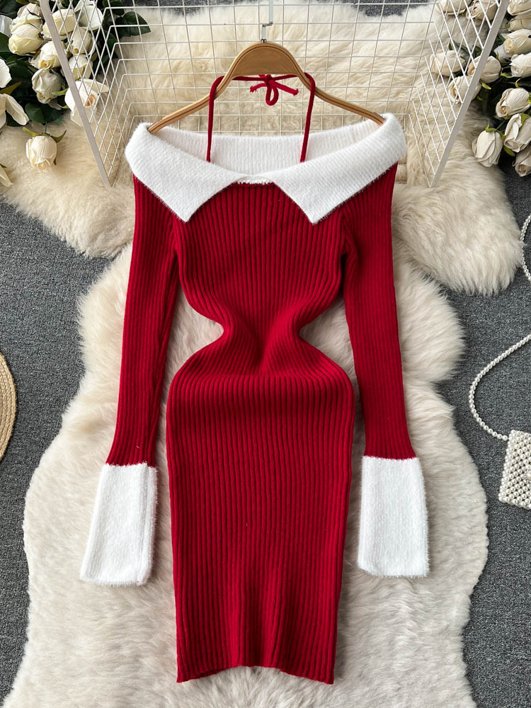 Women‘s Party Sheath Christmas Short Mini Dress Red Long Sleeve