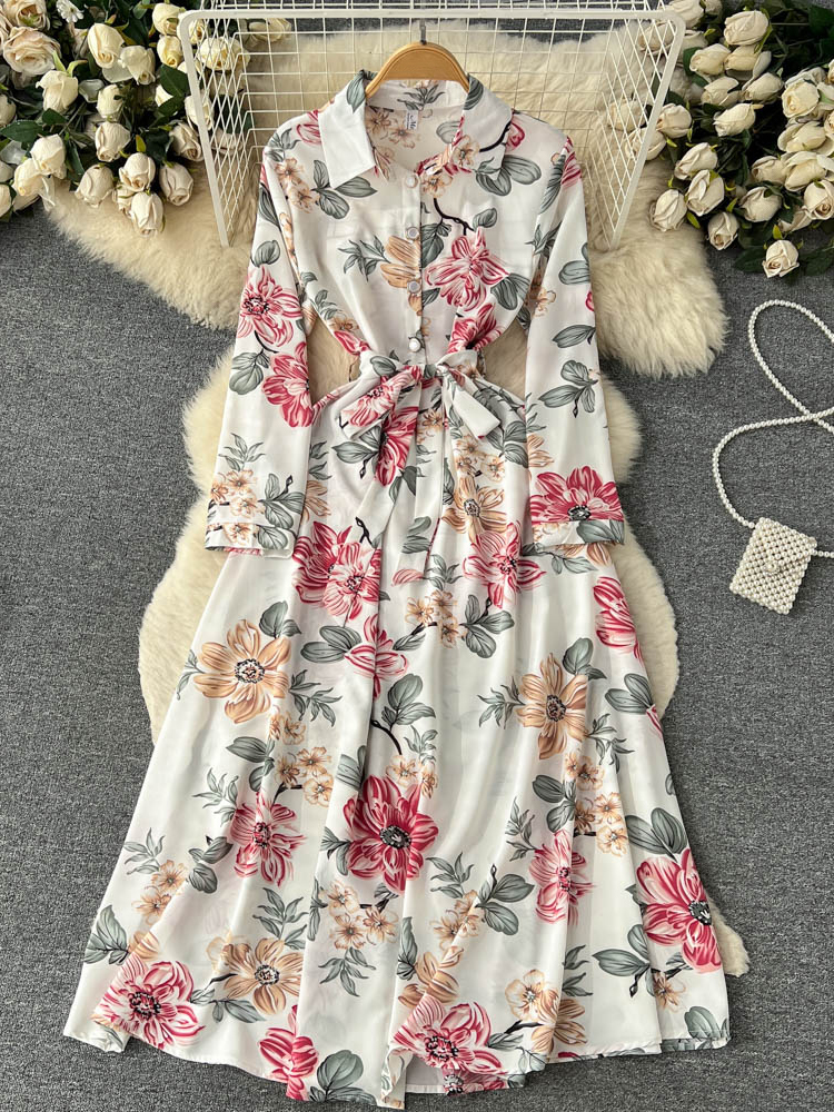 Fashion Colorful Floral Print Full Sleeve Shirt Dress Casual All Match ...