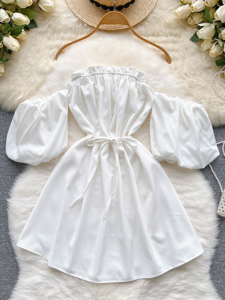 Puff-Sleeve Off-Shoulder Plain Mini A-Line Dress