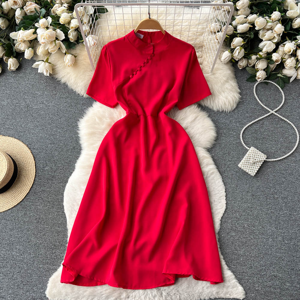Women Dress Elegant Stand Collar Shirt Party Dress Chic Long Dress on ...