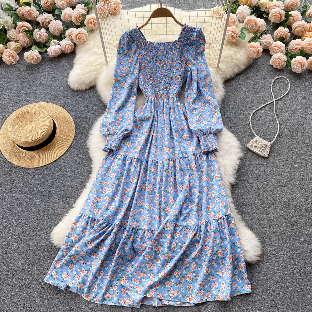 Elegant Floral Print Maxi Dress with Puff Sleeves