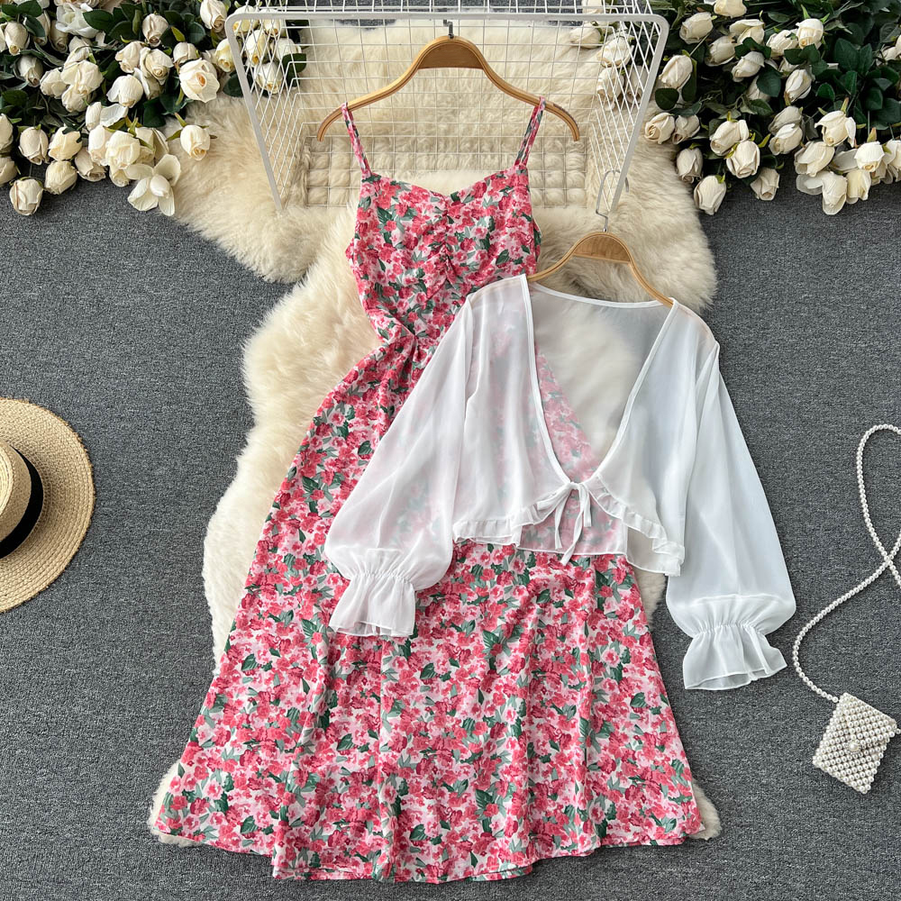 Women Dress Set Fashion Floral Print Strap Dress + White Chiffon Shawl ...