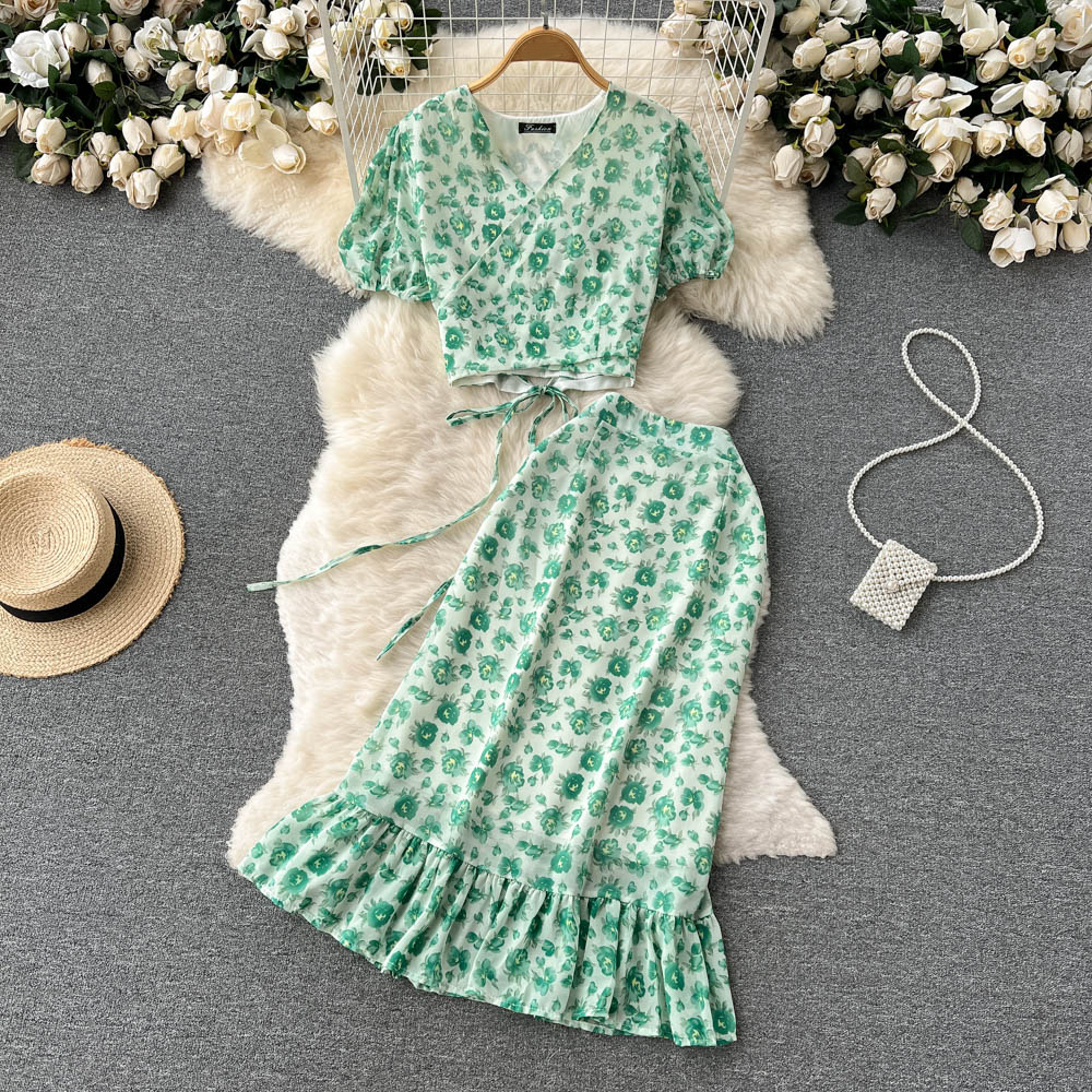 Polka Dot Ruffle Crop Top and Maxi Skirt Set