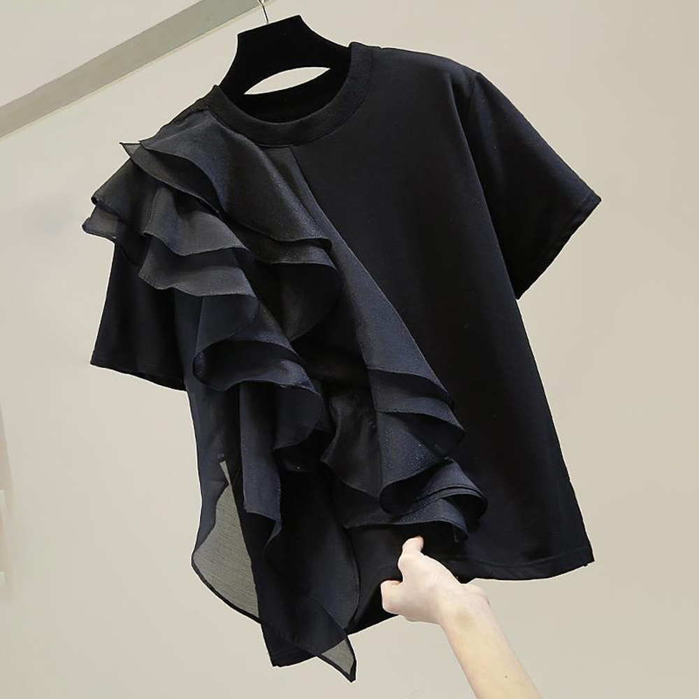 Women Design Ruffles Patchwork Loose Top T-shirt Round Neck Short Tops ...